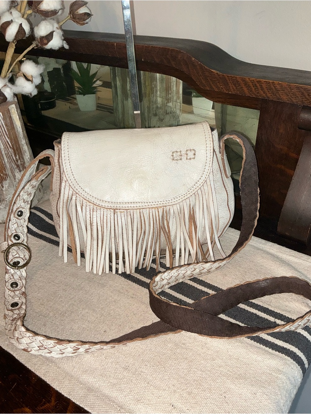 NWOT Bed Stu Leather Eastend Fringe Crossbody Bag Clutch Nectar Lux Retail $165